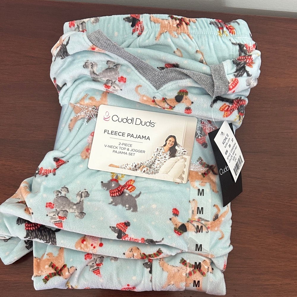 Cuddl Duds Fleece Pajama Set - Light Blue with Gray and Red Details